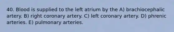 40. Blood is supplied to the left atrium by the A) brachiocephalic artery. B) right coronary artery. C) left coronary artery. D) phrenic arteries. E) pulmonary arteries.