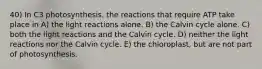 40) In C3 photosynthesis, the reactions that require ATP take place in A) the light reactions alone. B) the Calvin cycle alone. C) both the light reactions and the Calvin cycle. D) neither the light reactions nor the Calvin cycle. E) the chloroplast, but are not part of photosynthesis.