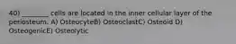 40) ________ cells are located in the inner cellular layer of the periosteum. A) OsteocyteB) OsteoclastC) Osteoid D) OsteogenicE) Osteolytic