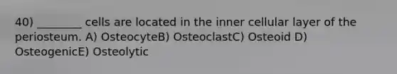 40) ________ cells are located in the inner cellular layer of the periosteum. A) OsteocyteB) OsteoclastC) Osteoid D) OsteogenicE) Osteolytic