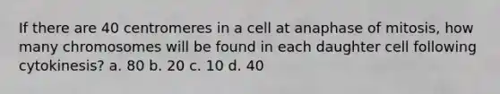 If there are 40 centromeres in a cell at anaphase of mitosis, how many chromosomes will be found in each daughter cell following cytokinesis? a. 80 b. 20 c. 10 d. 40