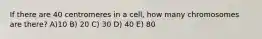 If there are 40 centromeres in a cell, how many chromosomes are there? A)10 B) 20 C) 30 D) 40 E) 80