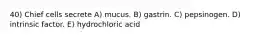 40) Chief cells secrete A) mucus. B) gastrin. C) pepsinogen. D) intrinsic factor. E) hydrochloric acid