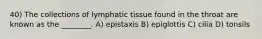 40) The collections of lymphatic tissue found in the throat are known as the ________. A) epistaxis B) epiglottis C) cilia D) tonsils