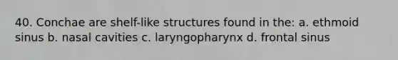 40. Conchae are shelf-like structures found in the: a. ethmoid sinus b. nasal cavities c. laryngopharynx d. frontal sinus
