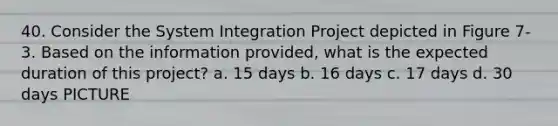 40. Consider the System Integration Project depicted in Figure 7-3. Based on the information provided, what is the expected duration of this project? a. 15 days b. 16 days c. 17 days d. 30 days PICTURE