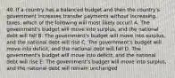 40. If a country has a balanced budget and then the country's government increases transfer payments without increasing taxes, which of the following will most likely occur? A. The government's budget will move into surplus, and the national debt will fall B. The government's budget will move into surplus, and the national debt will rise C. The government's budget will move into deficit, and the national debt will fall D. The government's budget will move into deficit, and the national debt will rise E. The government's budget will move into surplus, and the national debt will remain unchanged