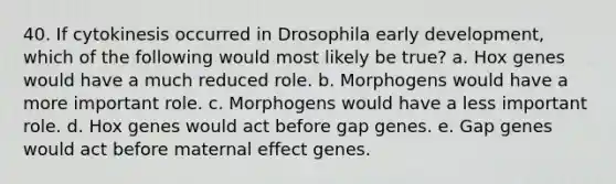 40. If cytokinesis occurred in Drosophila early development, which of the following would most likely be true? a. Hox genes would have a much reduced role. b. Morphogens would have a more important role. c. Morphogens would have a less important role. d. Hox genes would act before gap genes. e. Gap genes would act before maternal effect genes.