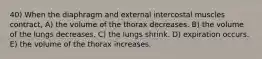 40) When the diaphragm and external intercostal muscles contract, A) the volume of the thorax decreases. B) the volume of the lungs decreases. C) the lungs shrink. D) expiration occurs. E) the volume of the thorax increases.