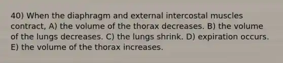 40) When the diaphragm and external intercostal muscles contract, A) the volume of the thorax decreases. B) the volume of the lungs decreases. C) the lungs shrink. D) expiration occurs. E) the volume of the thorax increases.