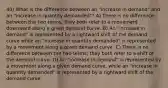 40) What is the difference between an "increase in demand" and an "increase in quantity demanded"? A) There is no difference between the two terms; they both refer to a movement downward along a given demand curve. B) An "increase in demand" is represented by a rightward shift of the demand curve while an "increase in quantity demanded" is represented by a movement along a given demand curve. C) There is no difference between the two terms; they both refer to a shift of the demand curve. D) An "increase in demand" is represented by a movement along a given demand curve, while an "increase in quantity demanded" is represented by a rightward shift of the demand curve.