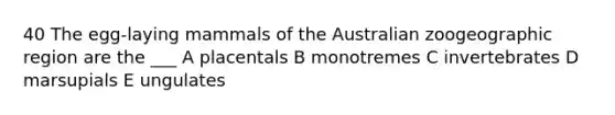 40 The egg-laying mammals of the Australian zoogeographic region are the ___ A placentals B monotremes C invertebrates D marsupials E ungulates