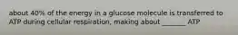 about 40% of the energy in a glucose molecule is transferred to ATP during cellular respiration, making about _______ ATP