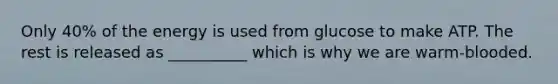 Only 40% of the energy is used from glucose to make ATP. The rest is released as __________ which is why we are warm-blooded.