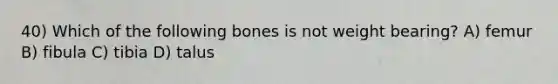 40) Which of the following bones is not weight bearing? A) femur B) fibula C) tibia D) talus