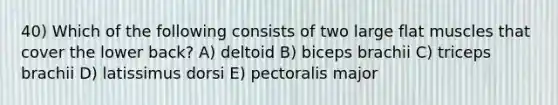 40) Which of the following consists of two large flat muscles that cover the lower back? A) deltoid B) biceps brachii C) triceps brachii D) latissimus dorsi E) pectoralis major