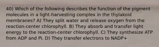 40) Which of the following describes the function of the pigment molecules in a light-harvesting complex in the thylakoid membranes? A) They split water and release oxygen from the reaction-center chlorophyll. B) They absorb and transfer light energy to the reaction-center chlorophyll. C) They synthesize ATP from ADP and Pi. D) They transfer electrons to NADP+