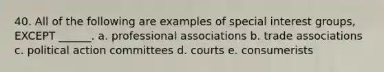 40. All of the following are examples of special interest groups, EXCEPT ______. a. professional associations b. trade associations c. political action committees d. courts e. consumerists