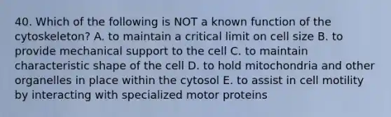 40. Which of the following is NOT a known function of the cytoskeleton? A. to maintain a critical limit on cell size B. to provide mechanical support to the cell C. to maintain characteristic shape of the cell D. to hold mitochondria and other organelles in place within the cytosol E. to assist in cell motility by interacting with specialized motor proteins