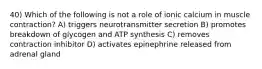 40) Which of the following is not a role of ionic calcium in muscle contraction? A) triggers neurotransmitter secretion B) promotes breakdown of glycogen and ATP synthesis C) removes contraction inhibitor D) activates epinephrine released from adrenal gland