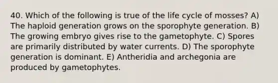 40. Which of the following is true of the life cycle of mosses? A) The haploid generation grows on the sporophyte generation. B) The growing embryo gives rise to the gametophyte. C) Spores are primarily distributed by water currents. D) The sporophyte generation is dominant. E) Antheridia and archegonia are produced by gametophytes.