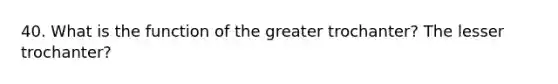 40. What is the function of the greater trochanter? The lesser trochanter?