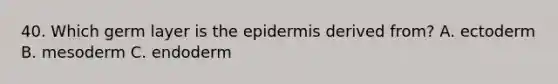 40. Which germ layer is the epidermis derived from? A. ectoderm B. mesoderm C. endoderm