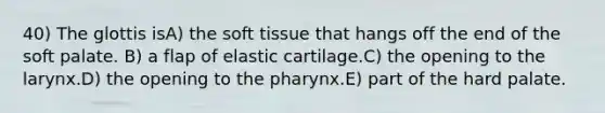 40) The glottis isA) the soft tissue that hangs off the end of the soft palate. B) a flap of elastic cartilage.C) the opening to the larynx.D) the opening to the pharynx.E) part of the hard palate.