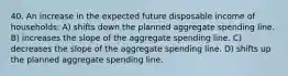 40. An increase in the expected future disposable income of households: A) shifts down the planned aggregate spending line. B) increases the slope of the aggregate spending line. C) decreases the slope of the aggregate spending line. D) shifts up the planned aggregate spending line.