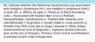 40. Indicate whether the following characteristics are associated with Hodgkin's lymphoma (HL), non Hodgkin's lymphoma (NHL), or both (B). a. Affects all ages b. Presence of Reed-Sternberg cells c. Associated with Epstein-Barr virus d. Multiple histopathologic classifications e. Treated with radiation and chemotherapy f. Originates in lymph nodes in most patients g. Greater than 85% cure rate in stage I disease h. Often widely disseminated at time of diagnosis i. Ingested alcohol-induced pain at the site of disease j. Primary initial clinical manifestation is painless lymph node enlargement