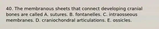 40. The membranous sheets that connect developing cranial bones are called A. sutures. B. fontanelles. C. intraosseous membranes. D. craniochondral articulations. E. ossicles.