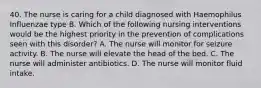 40. The nurse is caring for a child diagnosed with Haemophilus Influenzae type B. Which of the following nursing interventions would be the highest priority in the prevention of complications seen with this disorder? A. The nurse will monitor for seizure activity. B. The nurse will elevate the head of the bed. C. The nurse will administer antibiotics. D. The nurse will monitor fluid intake.