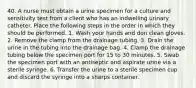 40. A nurse must obtain a urine specimen for a culture and sensitivity test from a client who has an indwelling urinary catheter. Place the following steps in the order in which they should be performed. 1. Wash your hands and don clean gloves. 2. Remove the clamp from the drainage tubing. 3. Drain the urine in the tubing into the drainage bag. 4. Clamp the drainage tubing below the specimen port for 15 to 30 minutes. 5. Swab the specimen port with an antiseptic and aspirate urine via a sterile syringe. 6. Transfer the urine to a sterile specimen cup and discard the syringe into a sharps container.