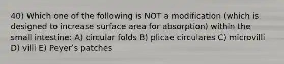 40) Which one of the following is NOT a modification (which is designed to increase surface area for absorption) within the small intestine: A) circular folds B) plicae circulares C) microvilli D) villi E) Peyerʹs patches