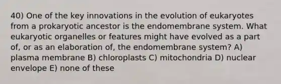 40) One of the key innovations in the evolution of eukaryotes from a prokaryotic ancestor is the endomembrane system. What eukaryotic organelles or features might have evolved as a part of, or as an elaboration of, the endomembrane system? A) plasma membrane B) chloroplasts C) mitochondria D) nuclear envelope E) none of these