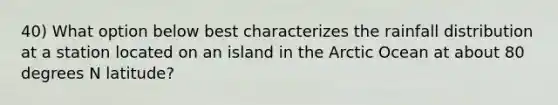 40) What option below best characterizes the rainfall distribution at a station located on an island in the Arctic Ocean at about 80 degrees N latitude?