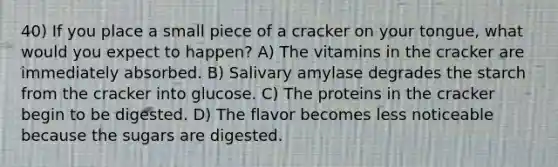 40) If you place a small piece of a cracker on your tongue, what would you expect to happen? A) The vitamins in the cracker are immediately absorbed. B) Salivary amylase degrades the starch from the cracker into glucose. C) The proteins in the cracker begin to be digested. D) The flavor becomes less noticeable because the sugars are digested.