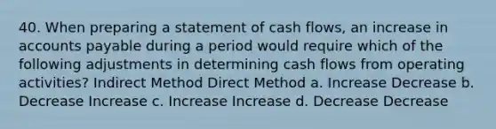 40. When preparing a statement of cash flows, an increase in accounts payable during a period would require which of the following adjustments in determining cash flows from operating activities? Indirect Method Direct Method a. Increase Decrease b. Decrease Increase c. Increase Increase d. Decrease Decrease