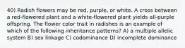 40) Radish flowers may be red, purple, or white. A cross between a red-flowered plant and a white-flowered plant yields all-purple offspring. The flower color trait in radishes is an example of which of the following inheritance patterns? A) a multiple allelic system B) sex linkage C) codominance D) incomplete dominance