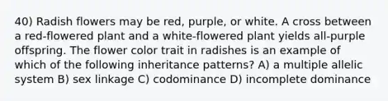 40) Radish flowers may be red, purple, or white. A cross between a red-flowered plant and a white-flowered plant yields all-purple offspring. The flower color trait in radishes is an example of which of the following inheritance patterns? A) a multiple allelic system B) sex linkage C) codominance D) incomplete dominance