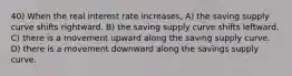 40) When the real interest rate increases, A) the saving supply curve shifts rightward. B) the saving supply curve shifts leftward. C) there is a movement upward along the saving supply curve. D) there is a movement downward along the savings supply curve.