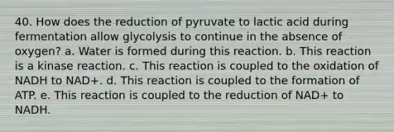 40. How does the reduction of pyruvate to lactic acid during fermentation allow glycolysis to continue in the absence of oxygen? a. Water is formed during this reaction. b. This reaction is a kinase reaction. c. This reaction is coupled to the oxidation of NADH to NAD+. d. This reaction is coupled to the formation of ATP. e. This reaction is coupled to the reduction of NAD+ to NADH.