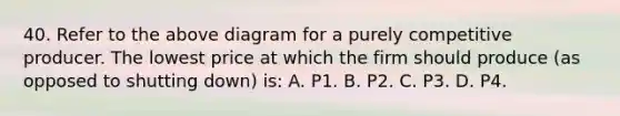 40. Refer to the above diagram for a purely competitive producer. The lowest price at which the firm should produce (as opposed to shutting down) is: A. P1. B. P2. C. P3. D. P4.