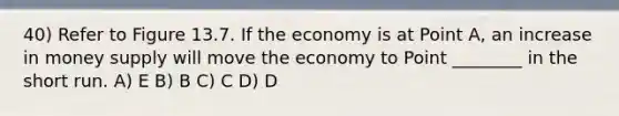 40) Refer to Figure 13.7. If the economy is at Point A, an increase in money supply will move the economy to Point ________ in the short run. A) E B) B C) C D) D