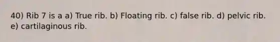 40) Rib 7 is a a) True rib. b) Floating rib. c) false rib. d) pelvic rib. e) cartilaginous rib.