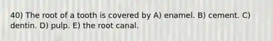 40) The root of a tooth is covered by A) enamel. B) cement. C) dentin. D) pulp. E) the root canal.