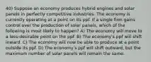 40) Suppose an economy produces hybrid engines and solar panels in perfectly competitive industries. The economy is currently operating at a point on its ppf. If a single firm gains control over the production of solar panels, which of the following is most likely to happen? A) The economy will move to a less-desirable point on the ppf. B) The economyʹs ppf will shift inward. C) The economy will now be able to produce at a point outside its ppf. D) The economyʹs ppf will shift outward, but the maximum number of solar panels will remain the same.