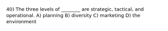 40) The three levels of ________ are strategic, tactical, and operational. A) planning B) diversity C) marketing D) the environment