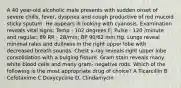 A 40 year-old alcoholic male presents with sudden onset of severe chills, fever, dyspnea and cough productive of red mucoid sticky sputum. He appears ill looking with cyanosis. Examination reveals vital signs: Temp - 102 degrees F; Pulse - 120 /minute and regular; 89 RR - 28/min; BP 90/62 mm Hg. Lungs reveal minimal rales and dullness in the right upper lobe with decreased breath sounds. Chest x-ray reveals right upper lobe consolidation with a bulging fissure. Gram stain reveals many white blood cells and many gram- negative rods. Which of the following is the most appropriate drug of choice? A Ticarcillin B Cefotaxime C Doxycycline D. Clindamycin