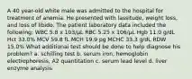 A 40 year-old white male was admitted to the hospital for treatment of anemia. He presented with lassitude, weight loss, and loss of libido. The patient laboratory data included the following: WBC 5.8 x 103/µL RBC 5.25 x 106/µL Hgb 11.0 g/dL Hct 33.0% MCV 59.8 fL MCH 19.9 pg MCHC 33.3 g/dL RDW 15.0% What additional test should be done to help diagnose his problem? a. schilling test b. serum iron, hemoglobin electrophoresis, A2 quantitation c. serum lead level d. liver enzyme analysis